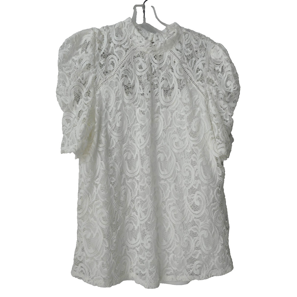 Layered Lace Puff Sleeve Top XL Perseption NWT Gold Button Neck‎ White Coquette